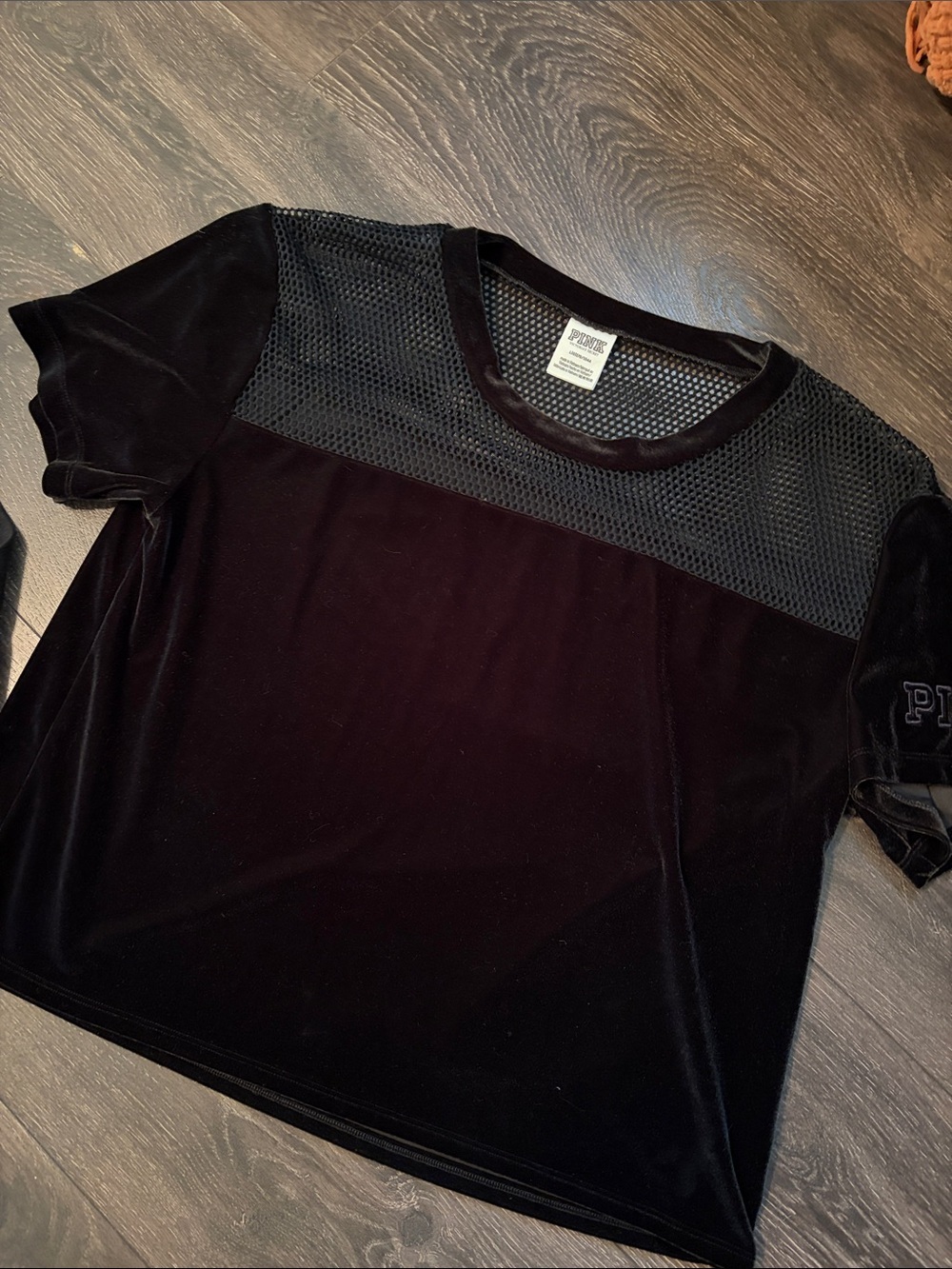 PINK Victoria's Secret Black Velvet Mesh Panel Tee|Long Sleeve Bling Shirt Lot L - Picture 2 of 7